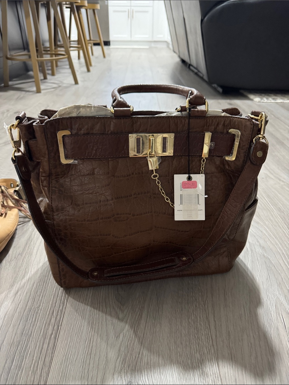 ANTONIO MELANI Chocolate Brown Croc-Embossed Satchel with Gold Hardware